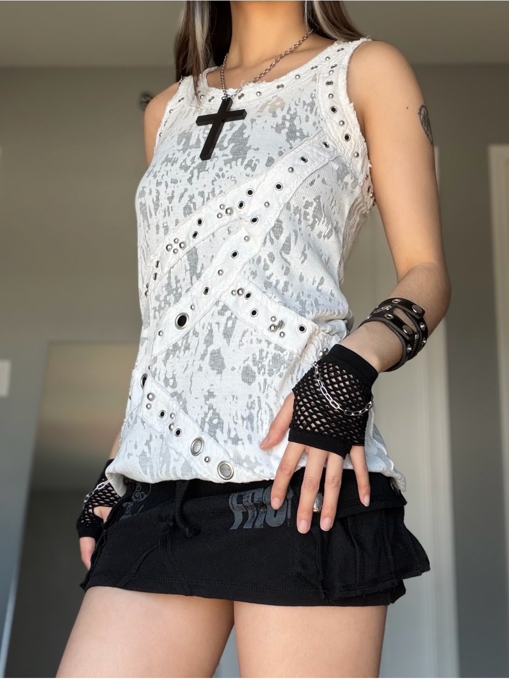 Mür Mür Semi Sheer White Eyelet Studded Raw Edge Tank Top with Asymmetric Design
